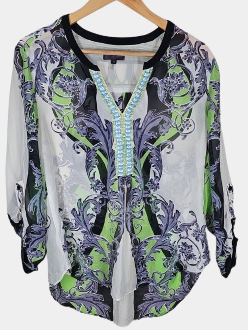 Hale Bob Silk Baroque Print Embellished Beaded V-Neck Blouse M Boho Resortwear